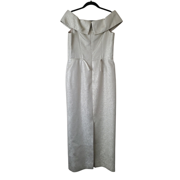 Rickie Freeman Teri Jon Champagne Shimmer Off Shoulder Column Dress Size 6 - Picture 4 of 13